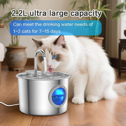 Cat Water Fountain Advanced 304 Stainless Steel 2.2L/74oz with Detachable Tank, Easy to Clean, Automatic Pet Fountain Quiet Cats Water Dispenser, Dogs (74oz Cat Fountain)