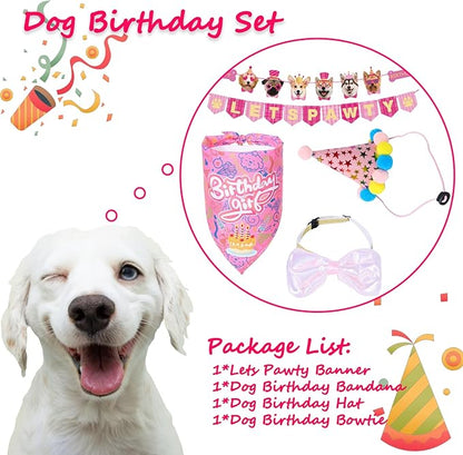 Happy Girl Dog Puppy Doggy Pet Birthday Burthday Party Supplies Hat Bandana Decorations Lets Pawty Banner Decor Dog Bowtie Gifts Outfit Stuff Accessories for Small Medium Large Dogs