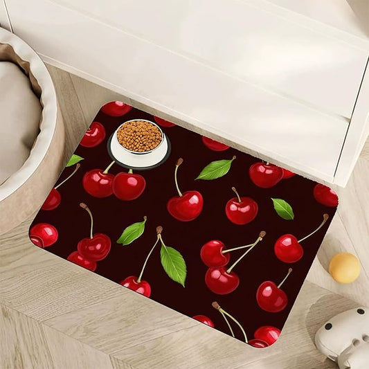 Red Cherry Pet Feeding Mat,Absorbent Quick-Dry Cat Dog Food and Water Bowl Mats,Non-Slip Rubber Backing Mat,Cat Dog Accessories Supplies 16"x24"