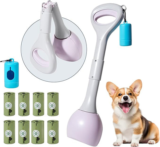 Dog Pooper Scooper Portable with Bag Attachment, One Handed Foldable Design, Includes 120 Waste Bags and Dispenser, 19 Inch Handle for Grass Yard Gravel Cleanup (Purple)