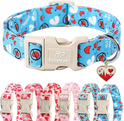 Valentines Dog Collar, Blue Heart Dog Collar, Cute Loving Heart Printed Collar with Quick Release Plastic Buckle for Boys&Girls Dogs, Small