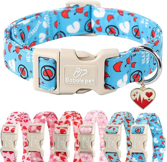 Valentines Dog Collar, Blue Heart Dog Collar, Cute Loving Heart Printed Collar with Quick Release Plastic Buckle for Boys&Girls Dogs, X-Small