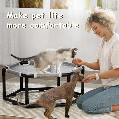 Tresbro Elevated Cat Hammock Bed, Hexagon Raised Cat Swing Bed for Indoor and Outdoor Use with Breathable Fabric & Anti-Slip Block, 23.6'' x 10.6'' x 12'' Pet Chair for Large to Small Kitty Cot