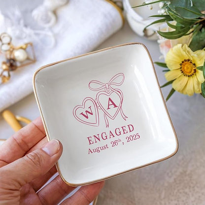 Personalized Locket Wedding Ring Dish, Custom Initial Engaged Rings Holder, Custom Wedding Jewelry Tray, Married Trinket Dishs, Engagement Party Keepsake Gifts for Newly Engaged Couple