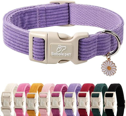 Cute Corduroy Dog Collar - Lavender Adjustable Dog Collars for X-Small Dogs 4-10lbs, Fade-Proof with Secure Snap & Little Charm, Christmas Birthday Gift, XS