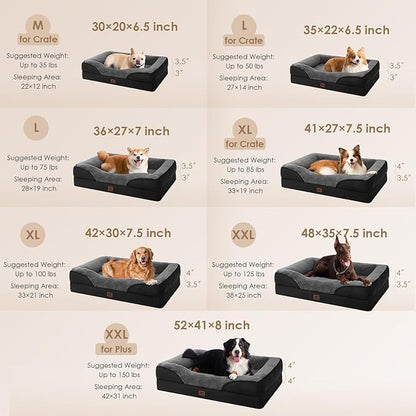 EHEYCIGA Orthopedic Dog Bed for Medium Dog, 35x22x6.5 Inch Memory Foam Dog Couch Bed with Sides, Waterproof Liner & Washable Removable Cover, Bolster Pet Sofa, Grey/Black