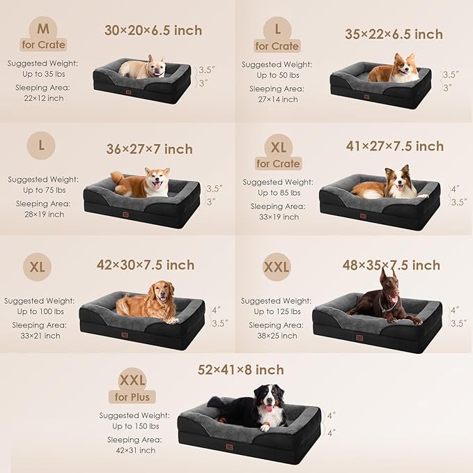 EHEYCIGA Orthopedic XXL Dog Bed for Large Sized Dog, 52x41x8 Inch Extra Large Memory Foam Dog Couch Bed with Sides, Waterproof Liner & Washable Removable Cover, Bolster Pet Sofa, Grey/Black