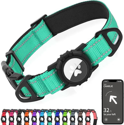 Joytale Airtag Dog Collar, Reflective Pet Collar with Waterproof AirTag Holder, Dual D-Rings, Soft Padded Adjustable for Medium Dogs, Teal, M