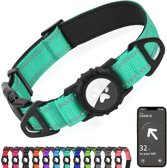 Joytale Airtag Dog Collar, Reflective Pet Collar with Waterproof AirTag Holder, Dual D-Rings, Soft Padded Adjustable for Extra Large Dogs, Teal, XL