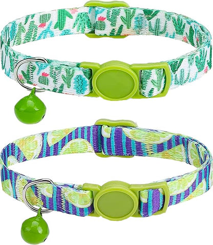 SOLMOONY Cute Cat Collar for Girl Boy,Colorful Breakaway Cat Collars with Bell 2 Pack，Adjustable Printed Nylon with Safety Buckles Kitten Collar (Cactus)