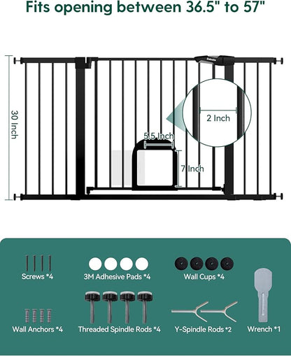 Babelio 36.5-57" Extra Wide Baby Gate with Cat Door, CatPrivilege Ⅲ, Auto Close & Two Way Swing, Pressure Mounted Dog Gates for Stairs, Doorways, Includes 4 Wall Cups and 3 Extension Pieces, Black
