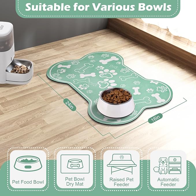 Dog Cat Mat for Food and Water,Rapid Absorbent Pet Feeding Mat, Bone Shaped Dog Placemat Bowl Mat with Rubber Backing,No Stains Pet Food Mats Indoor, Pet Accessories Supplies,Green 16"×24"