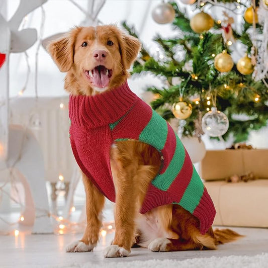 Dog Cat Christmas Sweater Boy Girl Ugly Reindeer Xmas Pet Clothes Holiday Puppy Costume New Year Gifts for Small Medium Large Dogs Outfits (L, Red Green Stripe Reindeer)
