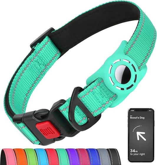Airtag Dog Collar with AirTag Holder for Large Dogs, Reflective, Soft Padded & Safety Locking Buckle, Nylon Pet Collars Adjustable for All Breeds, Teal,L