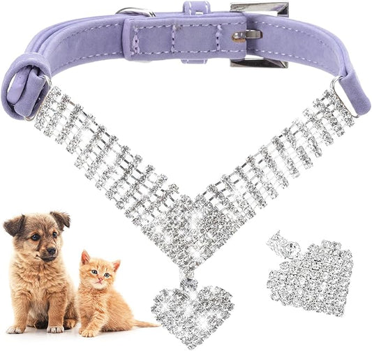EXPAWLORER Cute Dog Necklace - Rhinestone Dog Collar, Soft Velvet Collar for Girl Boy Cats Dogs, Sparkling Pet Neck Decoration, Adjustable Pet Collar for Puppies Cats Small Medium Dogs, Purple M