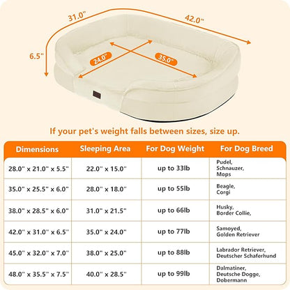 Dwanton Orthopedic Dog Bed for Large Dogs with Gel Memory Foam, Waterproof Dog Sofa, Washable Pet Bed with Four Sided Bolster Cushion, Removable Cover & Non-Slip Bottom, 42", Beige