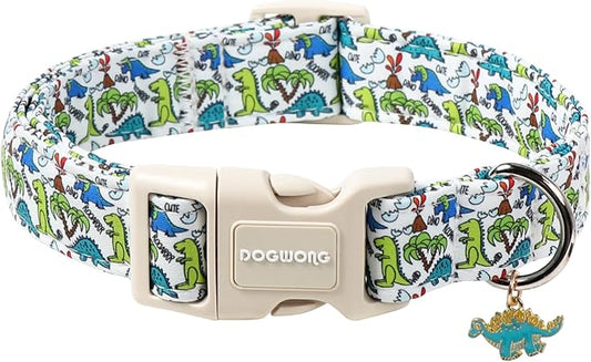 DOGWONG Dinosaur Dog Collar-Cute Green Dinosaur Dog Collar for Small Dogs, Adjustable Comfortable Cotton Boy Dog Collars for Small Medium Large Dogs,XL