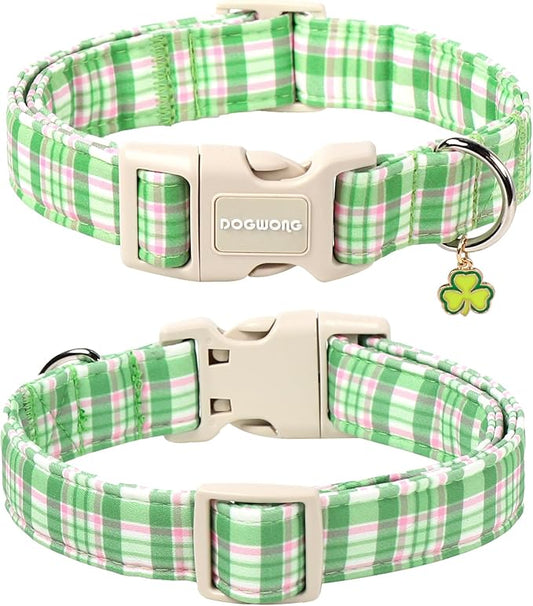 DOGWONG Pink Plaid Adjustable Pet Collar Comfortable Spring Summer Puppy Collar Cute Cotton Collars Durable Necklace Gift for Medium Large Dogs,L