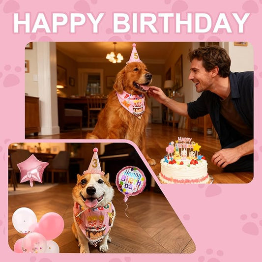 Dog & Cat Birthday Party Decorations Set Include Bandana, Adjustable Hat, Balloons, Happy Birthday Banner for Male and Female. Available for Small & Medium & Large Breeds (Pink)