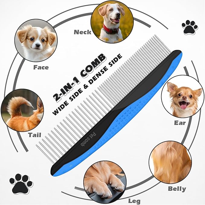 3PCS Pet Grooming Rake & Metal Comb & Flea Comb for Cats and Dogs, Double-Sided Dematting Tool, Extra-Wide Deshedding Dog Brush for Long Hair to Effectively Remove Tangles, Knots and Mats (Blue)