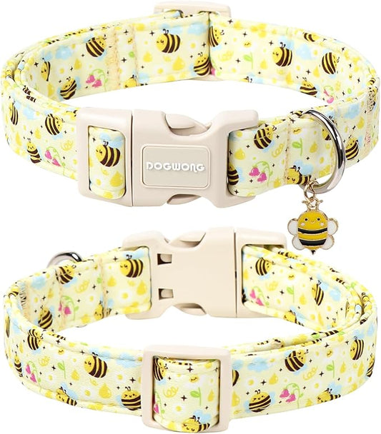 DOGWONG Spring Summer Dog Collar- Bee Flower Dog Collar, Adjustable Soft Girl Boy Dog Collar for Small Medium Large Dogs, L