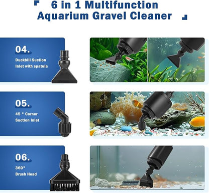 AQQA Aquarium Gravel Cleaner Kit, 6 in 1 Electric Fish Tank Vacuum Cleaning Tools Water Changer, Multifunction Wash Sand Filter Water Circulation 20W 320GPH 110V