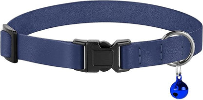 Breakaway Cat Collar with Bell - Leather Adjustable Kitten Collars with Safety Quick Release Buckle - Soft Small Pet Collars for Girl & Boy Cats (Deep Blue)