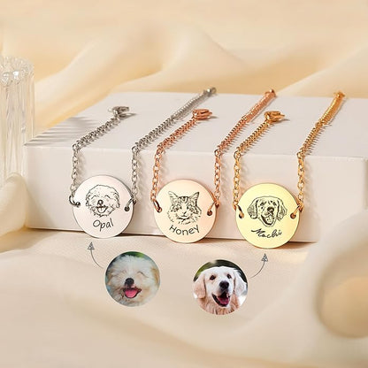 Anavia Personalized Pet Portrait Bracelet, Handmade Engraved Stainless Steel Round Disc Bracelet, Sketch Style Photo Pet Memorial Jewelry Gift for Animal Cat Dog Lovers