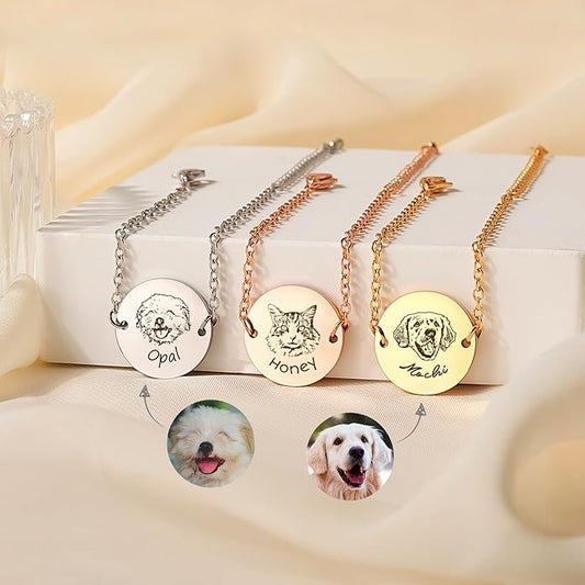 Anavia Personalized Pet Portrait Bracelet, Handmade Engraved Stainless Steel Round Disc Bracelet, Sketch Style Photo Pet Memorial Jewelry Gift for Animal Cat Dog Lovers