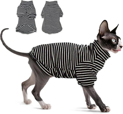 Fleece Sphynx Cat Clothes Soft Hairless Cat Clothes Pullover Cat Sweater for Chihuahua All Season Light and Warm Kitten Cloth for Cats Only Puppy Clothes Small Dog Sweater (B-Striped, M)