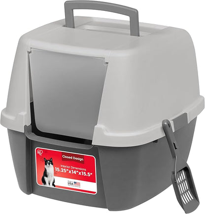 IRIS USA Cat Litter Box, Large Litter Box Enclosure with Front Door Flap and Scoop, Covered Kitty Litter Box with Handle and Buckles for Portability and Privacy, Gray