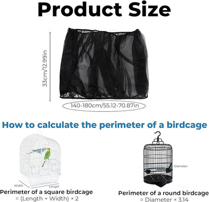 2 Pcs Bird Cage Seed Catcher, Adjustable Bird Cage Net Cover, Reusable Soft Nylon Cover for Parrot Enclosures (Black)