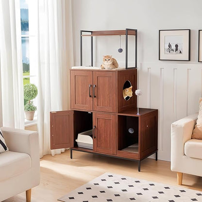 HOOBRO Litter Box Enclosure, Litter Box Furniture with Storage, 2-in-1 Hidden Cat Furniture with Shelf, 2 Dangling Plush Balls and 1 Toy Ball, Large Wooden Cat Washroom, Walnut WL78MW01