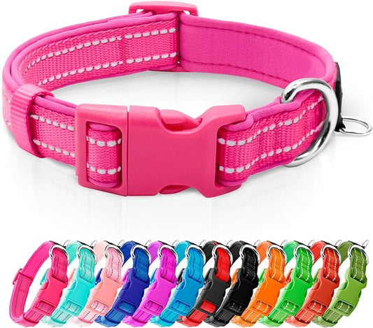 azuza Reflective Dog Collar,Soft Neoprene Padded Pet Collar with ID Tag Ring,Adjustable for Puppy and Small Dogs,Hot Pink,XS