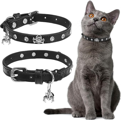 EXPAWLORER Cat Collar for Girl Boy Cats- Adjustable Leather Pet Collar with Safety Elastic Belt,Personalized Punk Accessories Buckle Collars with Bell & Durable D-Ring,White Diamond Skull