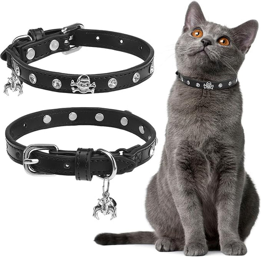 EXPAWLORER Cat Collar for Girl Boy Cats- Adjustable Leather Pet Collar with Safety Elastic Belt,Personalized Punk Accessories Buckle Collars with Bell & Durable D-Ring,White Diamond Skull