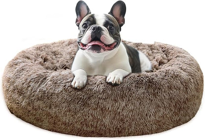 JOLLYVOGUE Calming Dog Bed Medium Size Dog, Anti-Anxiety Donut Medium Pet Bed, 27 inches Fluffy Faux Fur Round Cat Bed (Smoke Brown)