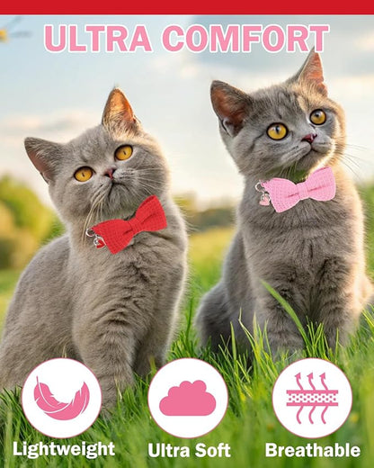 Cat Collar Breakaway with Bells, Soft Cotton Pink Cat Bowtie Collar for Girl Cats, Small Cats Collar with Bow for Spring Summer, 2 Pack Cute Kitten Collars with Removable Bowtie 8-12Inch