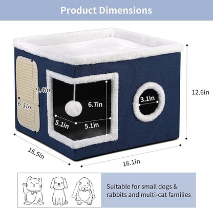 Shikha Cat Beds for Indoor Cats, Large Cat Cave with Cozy Condo, Fluffy Ball, Round Window, Foldable Indoor Cat House Hold Up to 30LBS, Cat Hideaway with Reversible Soft Cushions for All Seasons, Blue
