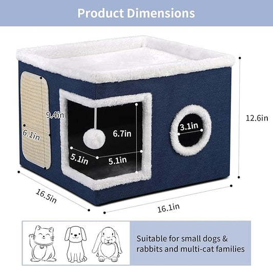 Shikha Cat Beds for Indoor Cats, Large Cat Cave with Cozy Condo, Fluffy Ball, Round Window, Foldable Indoor Cat House Hold Up to 30LBS, Cat Hideaway with Reversible Soft Cushions for All Seasons, Blue