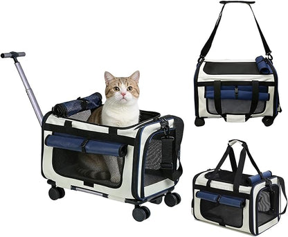 Expandable Pet Carrier with Wheels for Small Dogs and Cats,Airline Approved Rolling Cat Carrier with Removable Platform,18”X11”X14”,Foldable Soft-Sided Travel Bag Fits Under Seat,Up to 16 lbs(Blue)