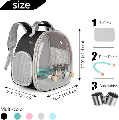 Small Bird Travel Backpack Carrier Cage with Cups, Backpack to Transport Backpack Carrier with Clamp Cups Stand Perch for Parakeet Cockatiel Budgies Vet Carry Book Bag Black