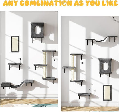 10-in-1 Cat Wall Shelves, Wooden Climbing Wall with Scratching Post, Wall Mounted Cat Furniture for Climbers, Space-Saving Cat Wall for Play & Rest, Drywall & Solid Walls