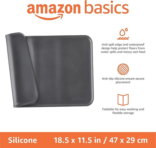 Amazon Basics Waterproof Non-Slip Silicone Pet Feeding Mat with Raised Edges for Food and Water Bowls, Easy to Clean Pet Placemat to Protect Floors, 18.5" x 11.5", Black