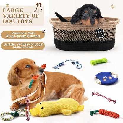 Zopeal Puppy Dog Toy Gift Storage Basket with Dog Toys Set Chew Toys Birthday Gift Basket Teething Interactive Squeaky Duck for Teething Small Medium Large Dogs(Black)