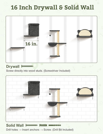5-in-1 Cat Wall Shelves, Solid Wood & Velvet & Sisal Scratcher, 44lbs Max Load, Wall Mounted Cat Furniture for Climbers, Cat Climbing Wall System, Fits Drywall & Solid Walls - Dark Gray