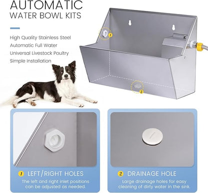 Automatic Water Dispenser for Dog,2.1 Gallon Dog Water Bowl Dispenser for Outdoor,304 Stainless Steel Automatic Pet Waterer for Cat Chicken Livestock (Drainage Hole)