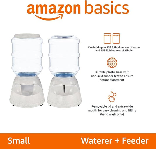 Amazon Basics Automatic Pet Water Dispenser and Gravity Food Feeder Set for Cat and Dog, Easy to Clean, 6-Pound Food Capacity, 1-Gallon, Small, Gray, Pack of 2