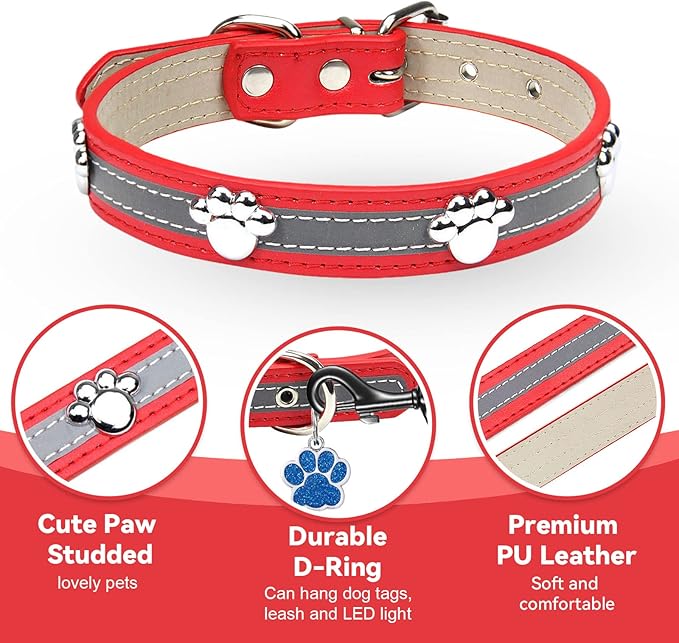PETCARE Reflective Dog Collar with Cute Paw Rivet Studded Funny Soft PU Leather Adjustable Puppy Dog Collars for Small Medium Large Dogs Cats (Red,Large)