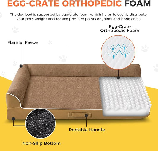 Dog Bed Large Sized Dogs, Orthopedic Dog Bed for Large Dogs, Waterproof Pet Bed with Washable Removable Cover, L-Shaped Pet Couch with Portable Handle 36"x27"x6.5", Camel